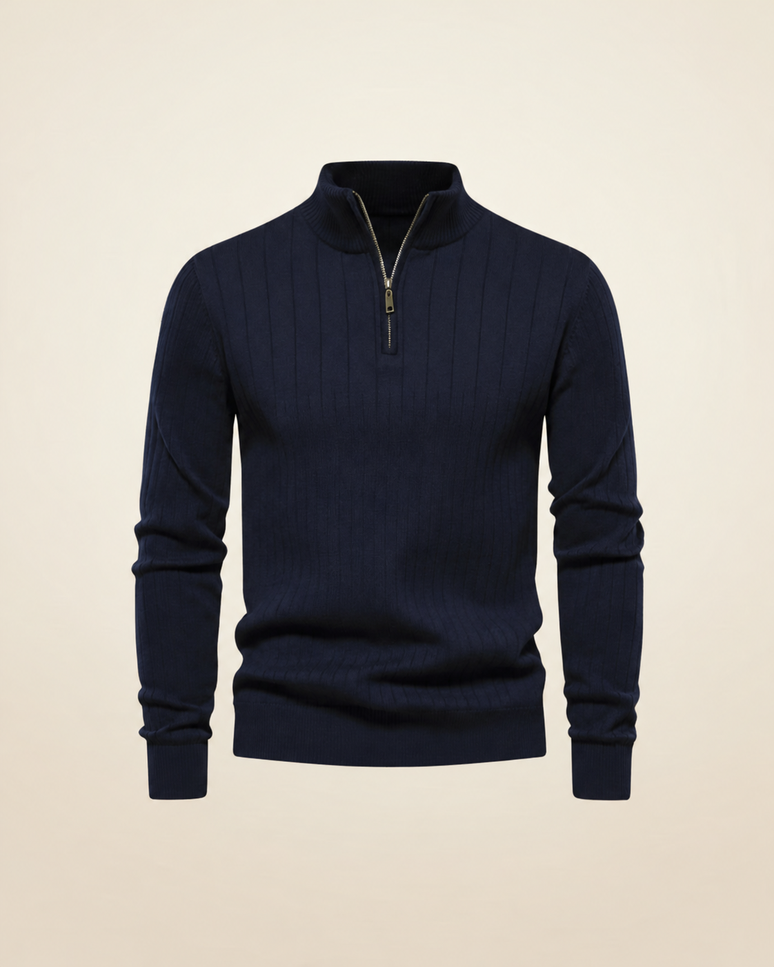 Textured Zip-Neck Knit in navy blue, product view.
