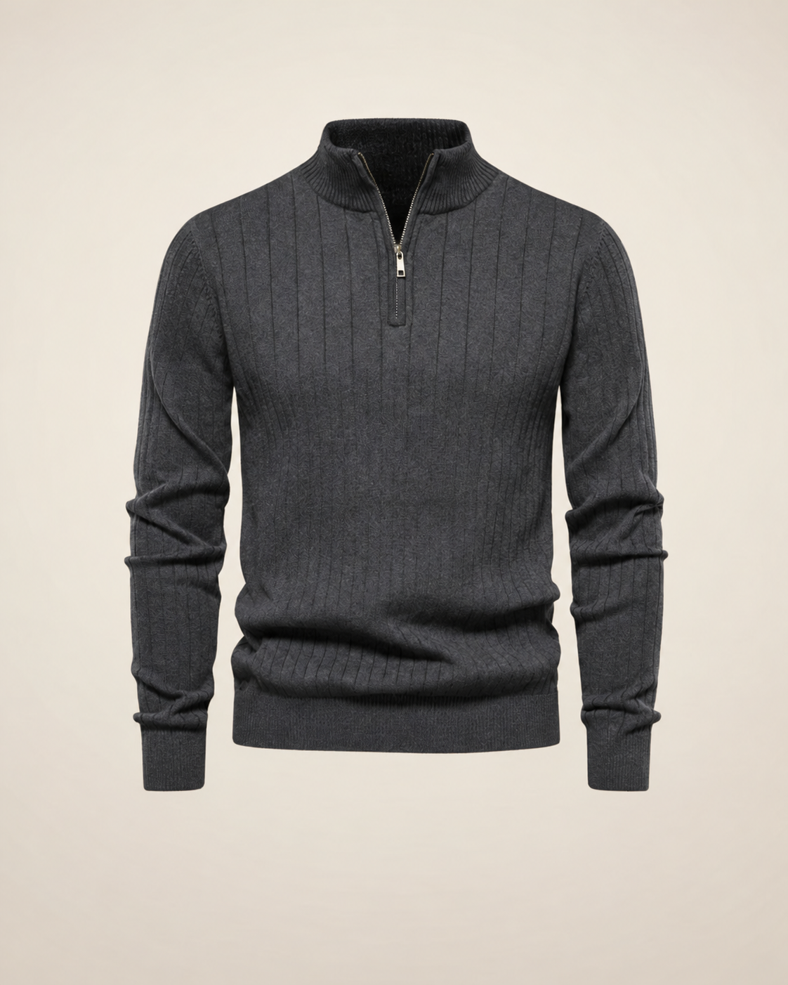 Textured Zip-Neck Knit in grey, product view.