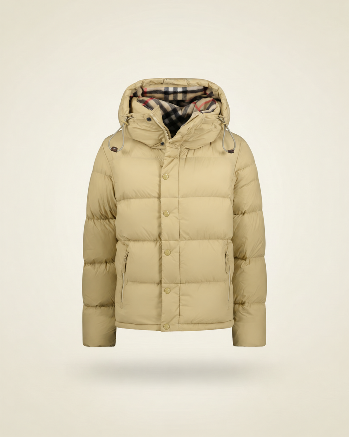 London Core Puffer Jacket in beige, product view.