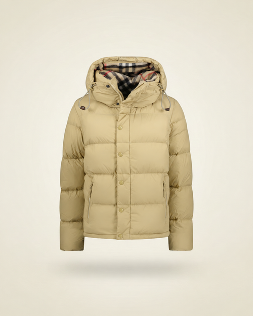 London Core Puffer Jacket in beige, product view.