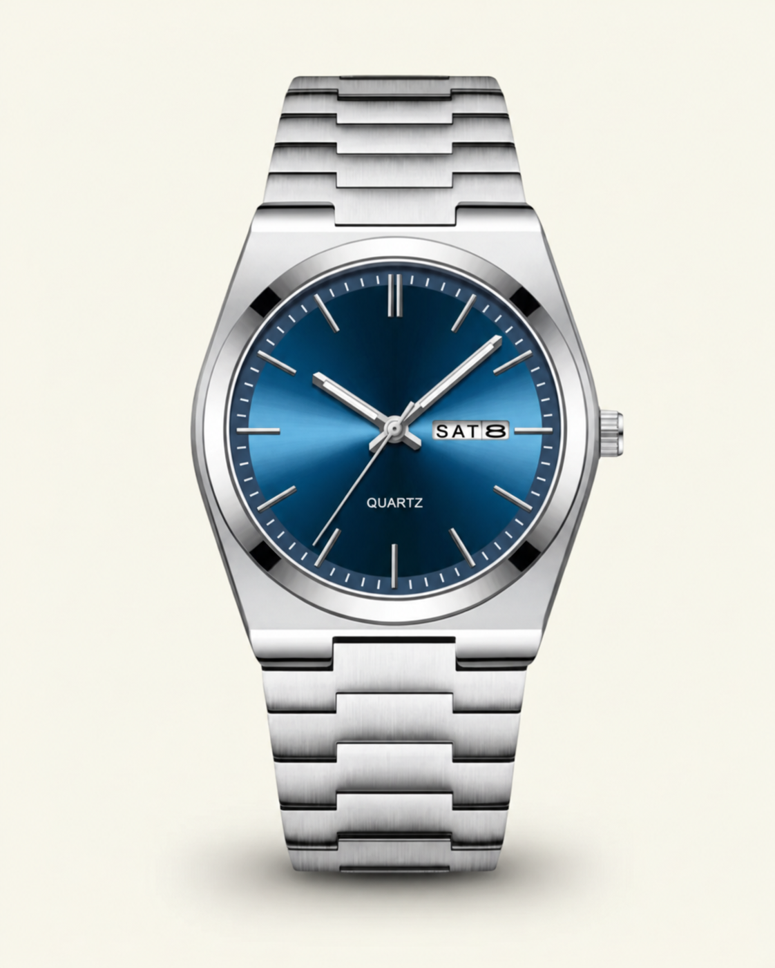 Steel Emerald Dial Watch in blue, front view.