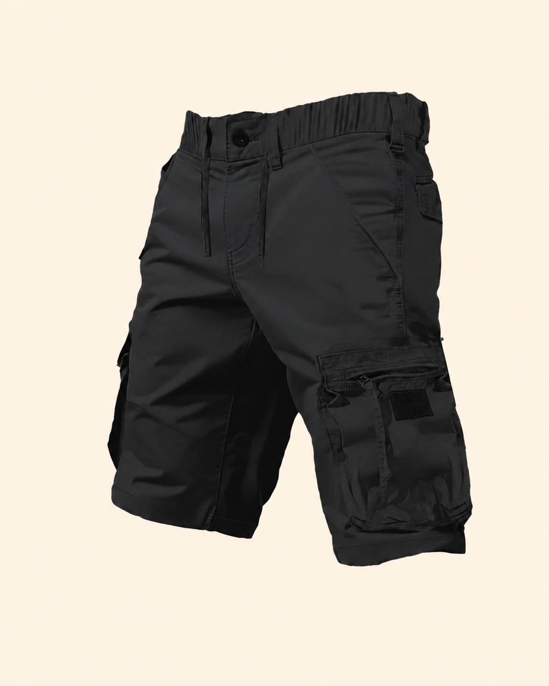 Explorer Cargo Shorts in black, product view.