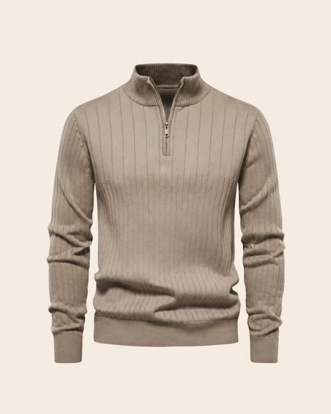 Textured Zip-Neck Knit in beige, product view.
