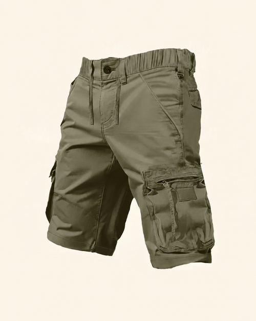 Explorer Cargo Shorts in olive green, product view.