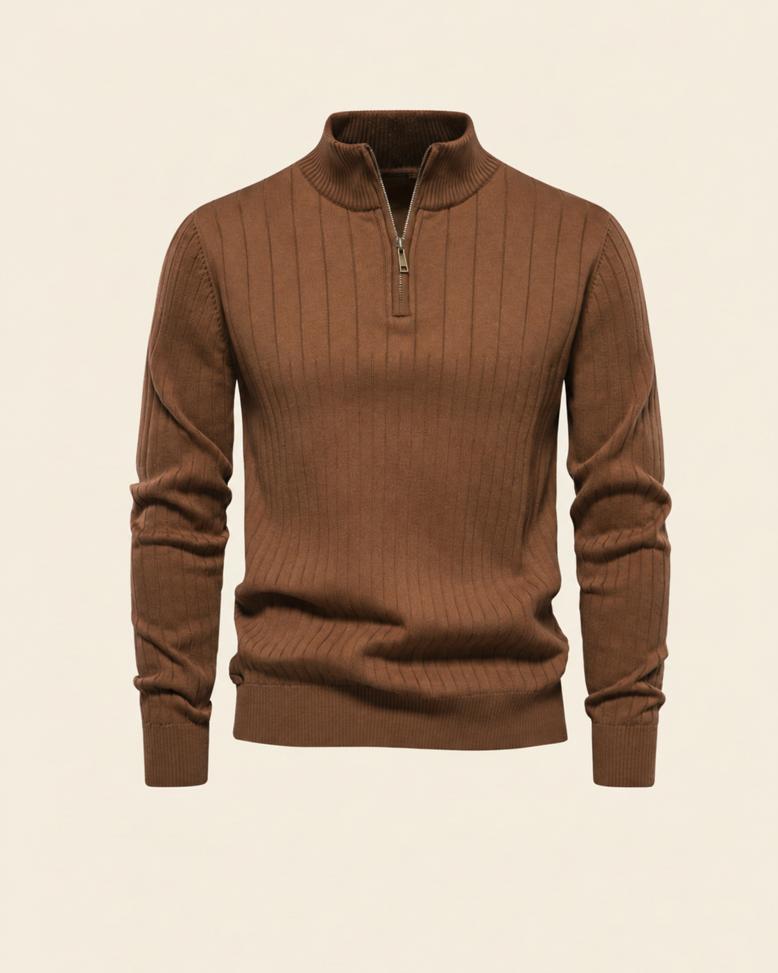 Textured Zip-Neck Knit in brown, product view.