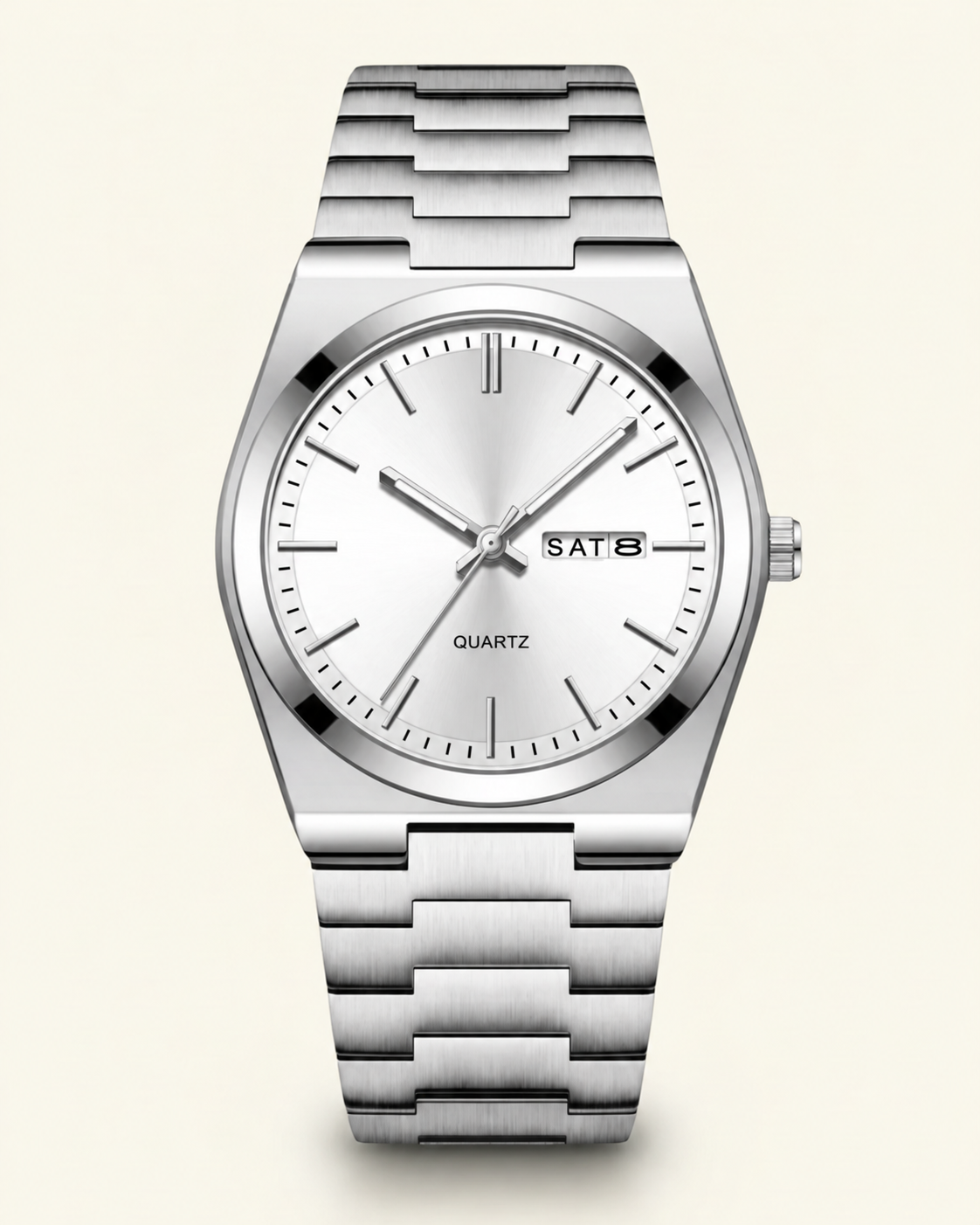Steel Emerald Dial Watch in white, front view.