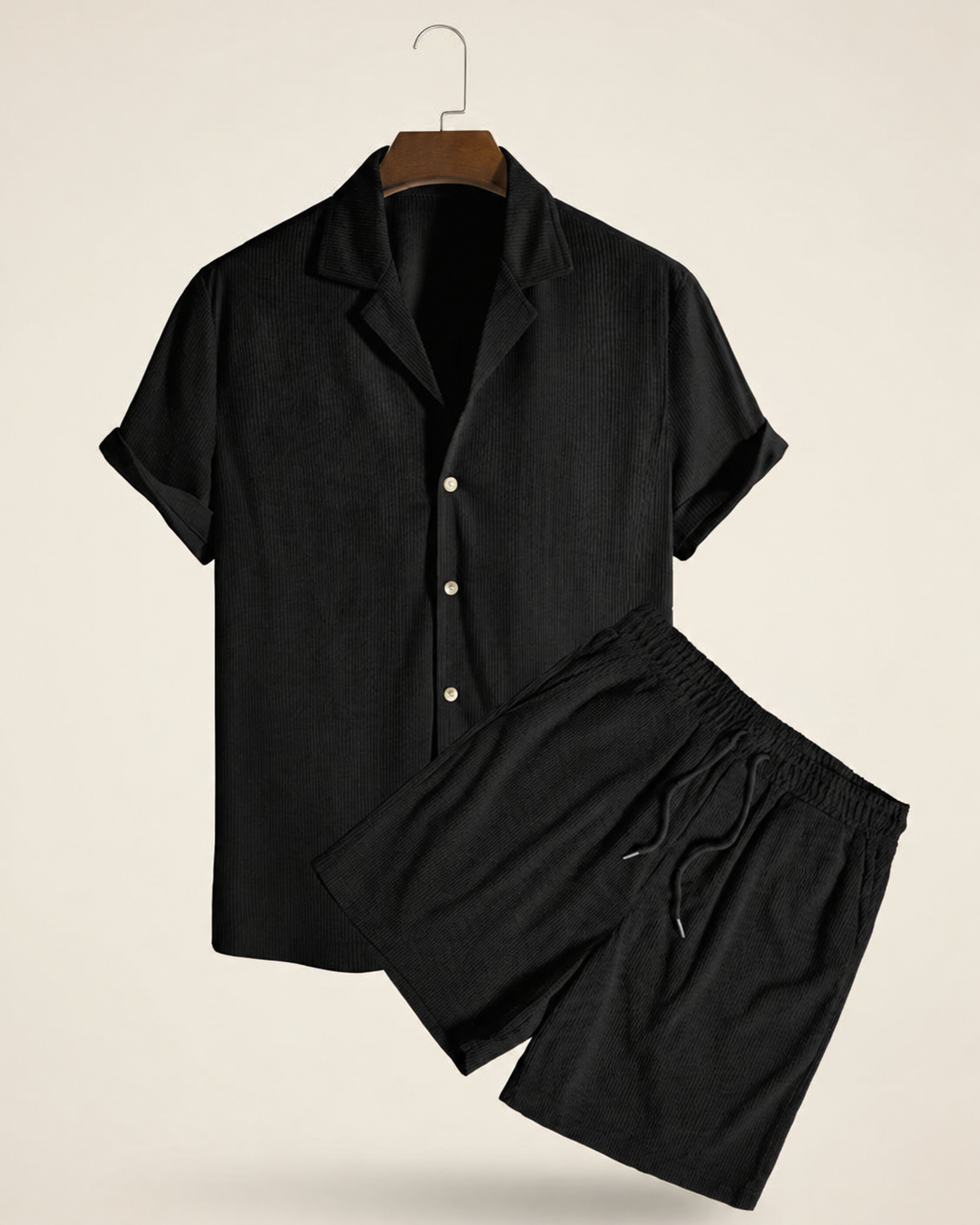 Sun & Sea Shirt and Shorts Set in black, product view.