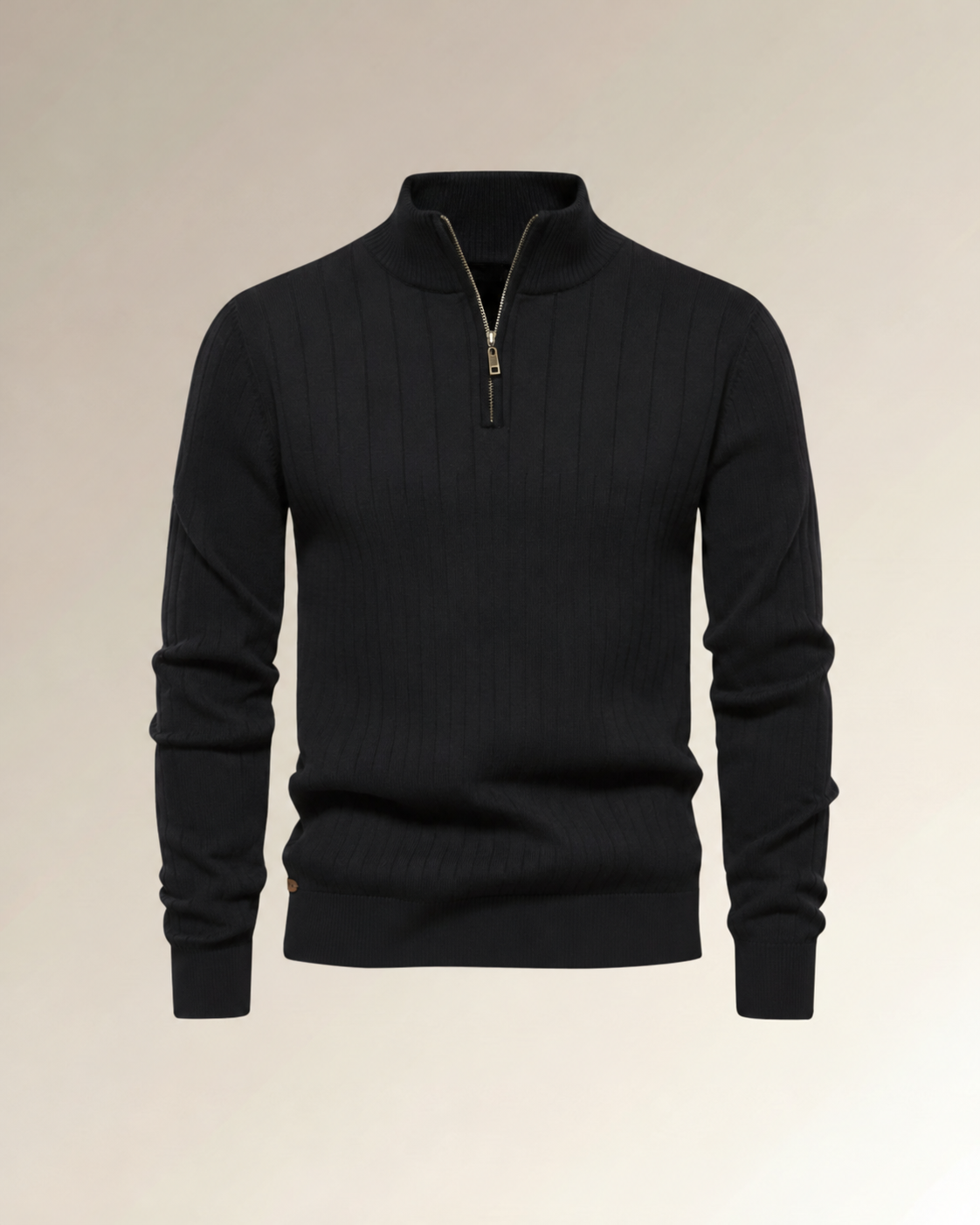 Textured Zip-Neck Knit in black, product view.